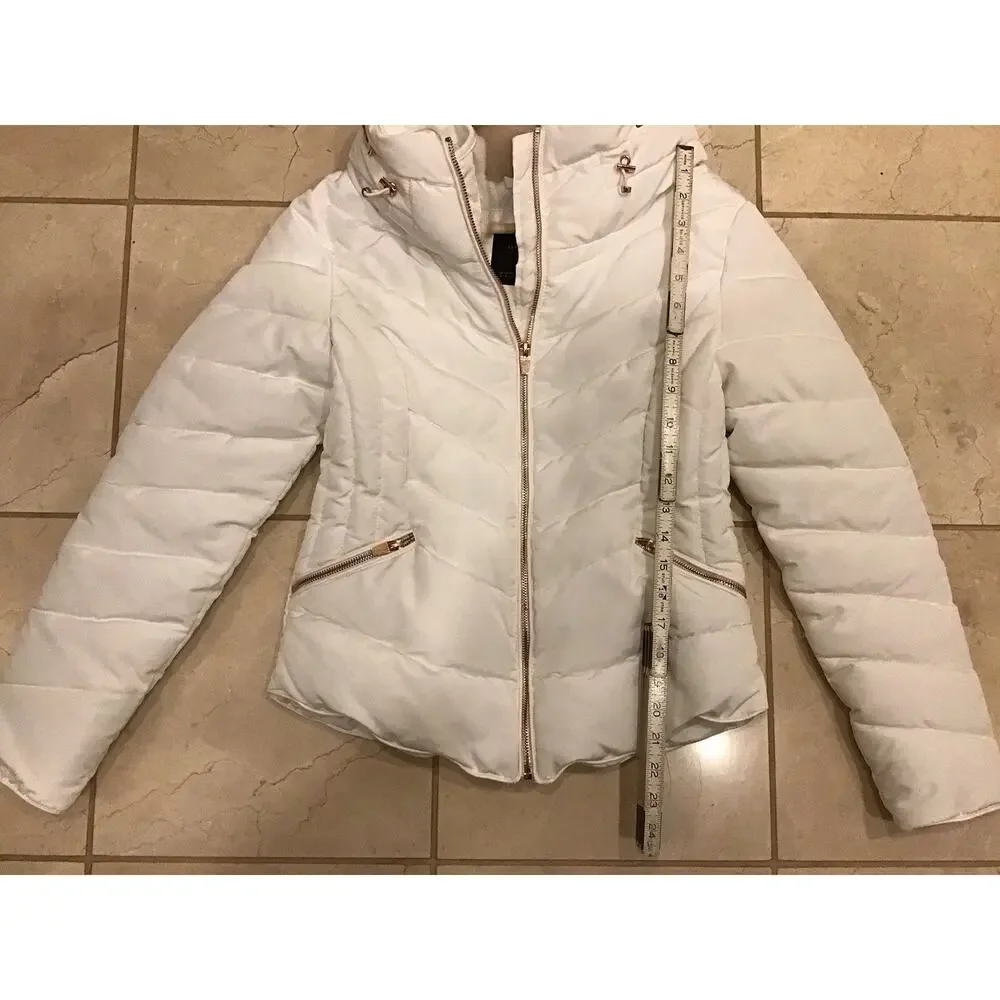 Zara Basic White Winter Coat Full Zip Women Sz M Rose Gold Tone W/Hide Away Hood